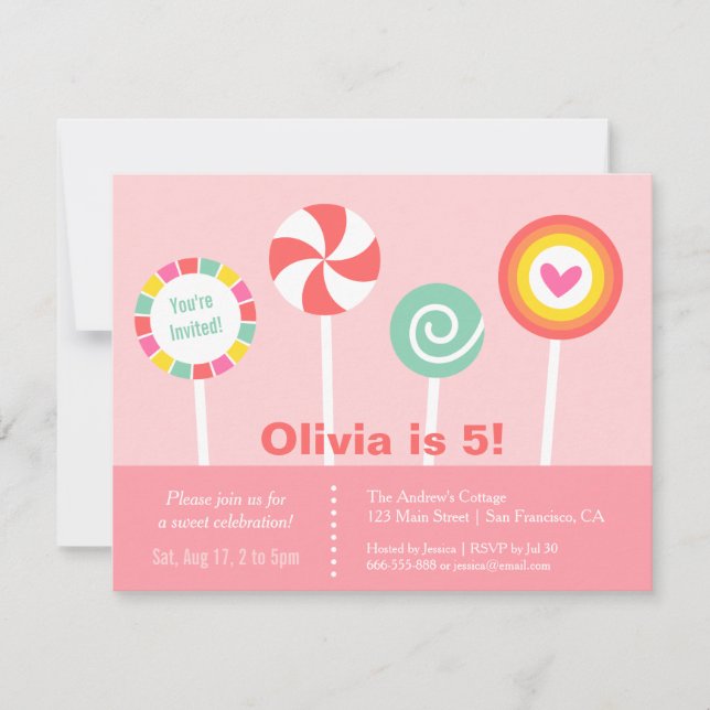 Modern Lollipop Candy Birthday Party Invitations (Front)