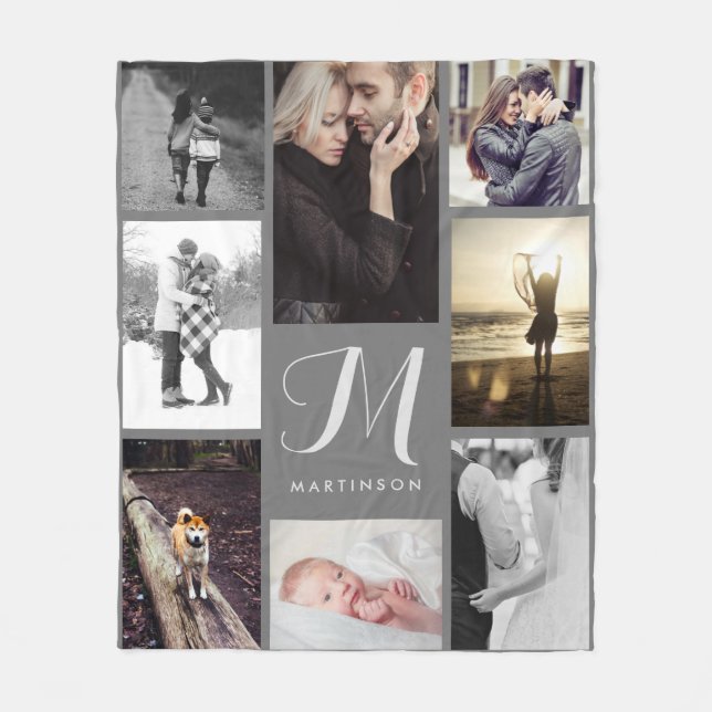 Modern Look Monogram and Photos Gray Fleece Blanket (Front)