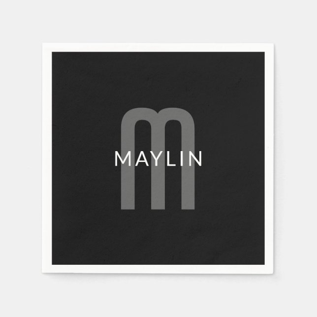 Modern Looking Monogrammed Name | Black Grey White Napkin (Front)