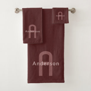 Modern Looking Monogrammed Name Maroon Red Bath Towel Set