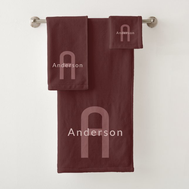 Modern Looking Monogrammed Name | Maroon Red Bath Towel Set (Insitu)