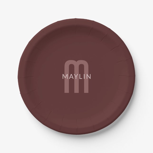 Modern Looking Monogrammed Name | Maroon Red Paper Plate (Front)