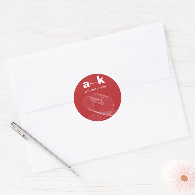 Modern Loop Heart Simple Love Lines Red Wedding Classic Round Sticker (Envelope)