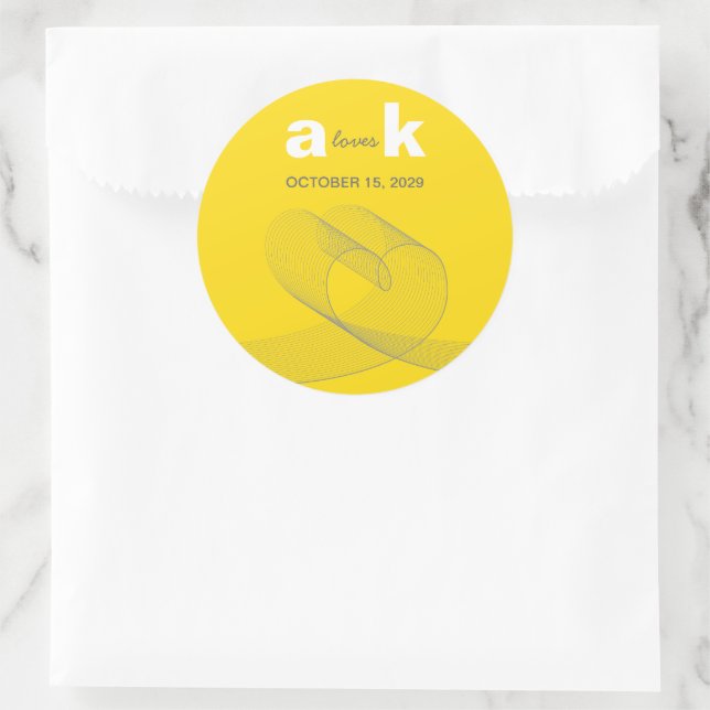 Modern Loop Heart Simple Love Lines Yellow Wedding Classic Round Sticker (Bag)