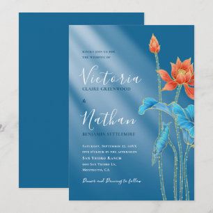 Modern Lotus Flowers Blue Wedding Invitation