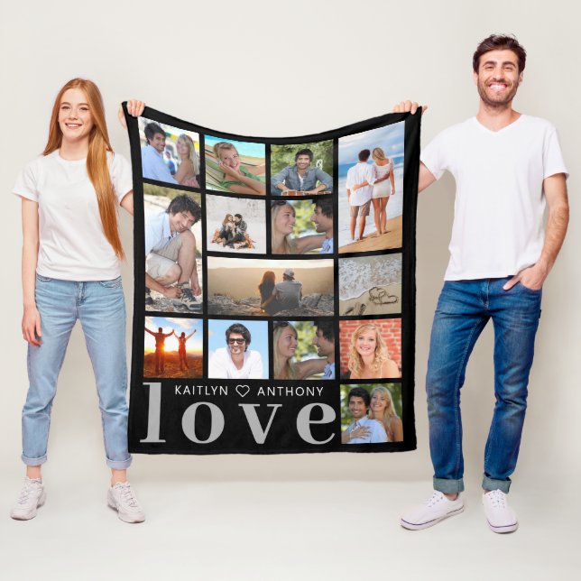 Modern LOVE 14 Photo Collage Custom Colour Fleece Blanket (In Situ)