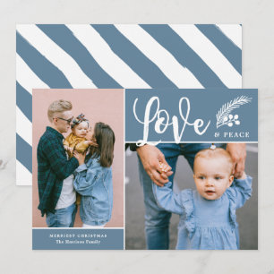 Modern Love and Peace Two Photo Blue Holiday Card