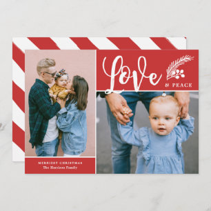 Modern Love and Peace Two Photo Red Holiday Card