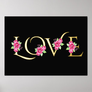Modern "Love" and pink rose bouquets black Foil Prints
