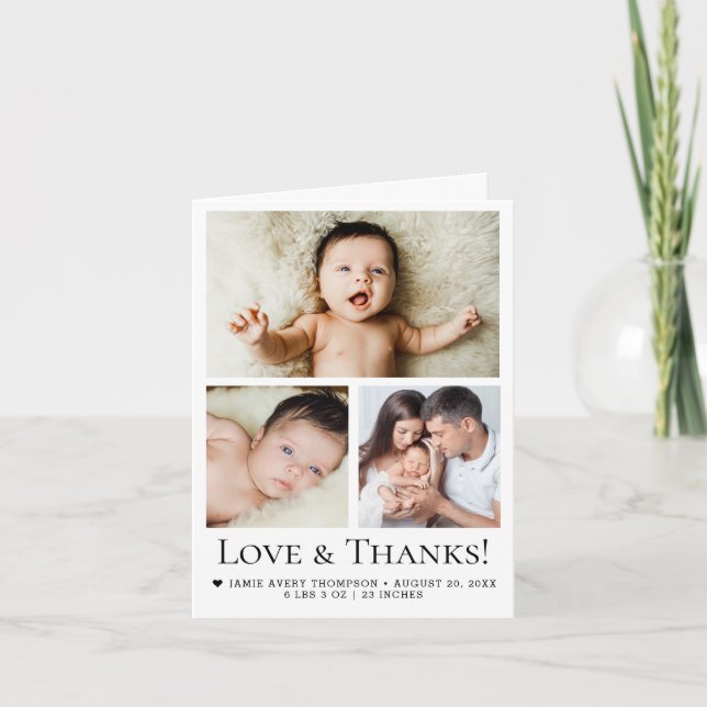 Modern Love and Thanks three photos baby birth Thank You Card (Front)
