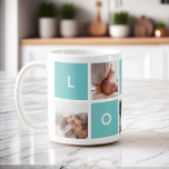 Modern Love | Aqua Photo Collage Mug<br><div class="desc">Customize this classic white mug with five of your favourite Instagram or square photos in a gridded collage layout. Add treasured photos of family, children, or your wedding or engagement to create a sweet keepsake and a one of a kind Valentine's Day gift. Photos are interspersed with vibrant turquoise aqua...</div>