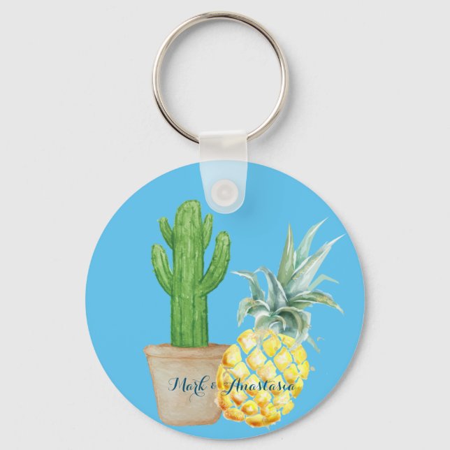 Modern Love Blue Pineapple and Cactus Keychain (Front)