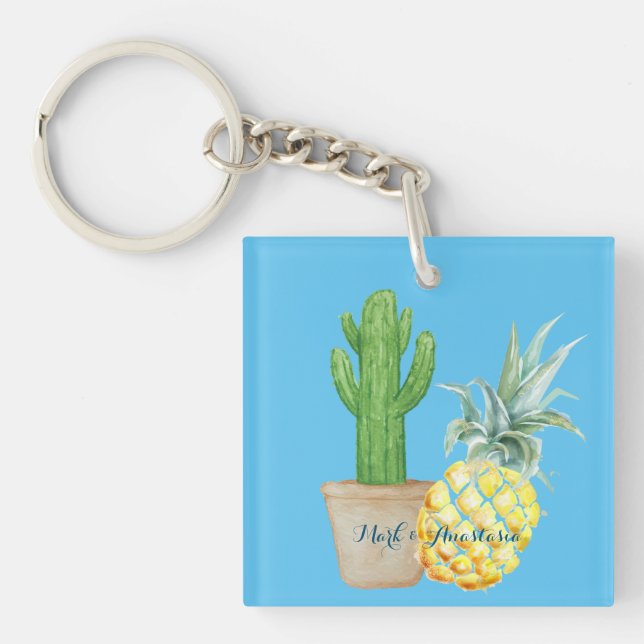 Modern Love Blue Pineapple and Cactus Keychain (Front)