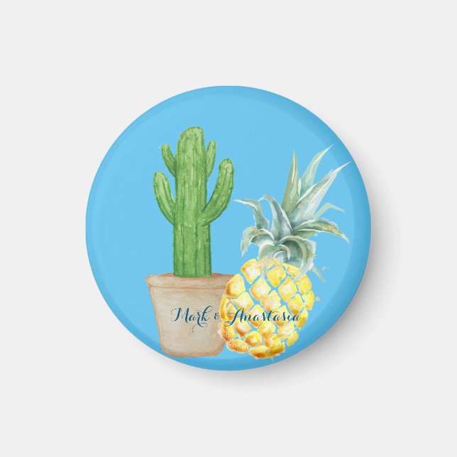 Modern Love Blue Pineapple and Cactus Magnet (Front)