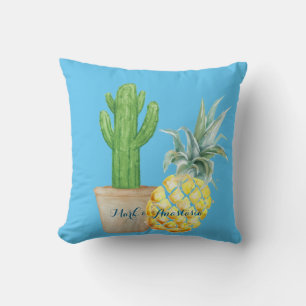 Modern Love Blue Pineapple and Cactus Throw Pillow