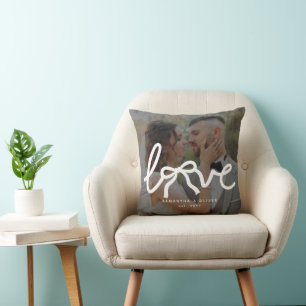 Modern Love Bow Custom Couples Wedding Photo Throw Pillow