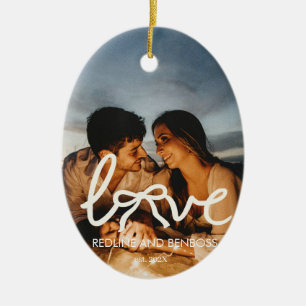 Modern Love Bow Typography Couple Custom Photo Ceramic Ornament