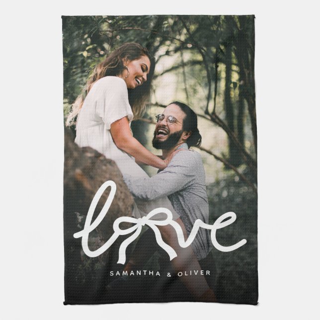 Modern Love Bow Typography Couple Custom Photo Kitchen Towel (Vertical)