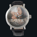 Modern Love conquers all Wedding Photo Script Watch<br><div class="desc">Modern chic photo watch with hand lettered script and modern typography reading:' Love conquers all 'alongside your custom names and wedding date. Personalize with your favourite photo and information. Great gift for newlyweds or Valentine's Day!</div>