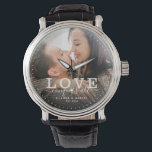 Modern Love conquers all Wedding Photo Script Watch<br><div class="desc">Modern chic photo watch with hand lettered script and modern typography reading:' Love conquers all 'alongside your custom names and wedding date. Personalize with your favourite photo and information. Great gift for newlyweds or Valentine's Day!</div>