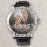Modern Love conquers all Wedding Photo Script Watch<br><div class="desc">Modern chic photo watch with hand lettered script and modern typography reading:' Love conquers all 'alongside your custom names and wedding date. Personalize with your favourite photo and information. Great gift for newlyweds or Valentine's Day!</div>