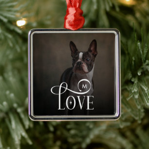Modern Love Custom Dog Pets Photo Monogram Metal Ornament