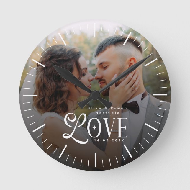 Modern Love Custom Wedding Photo Couples Keepsake Round Clock (Front)