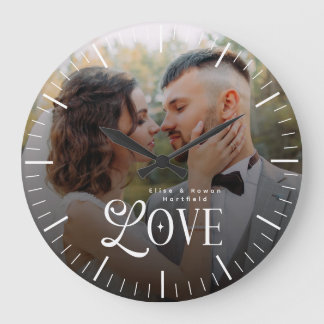 Modern Love Custom Wedding Photo Couples Monogram Large Clock