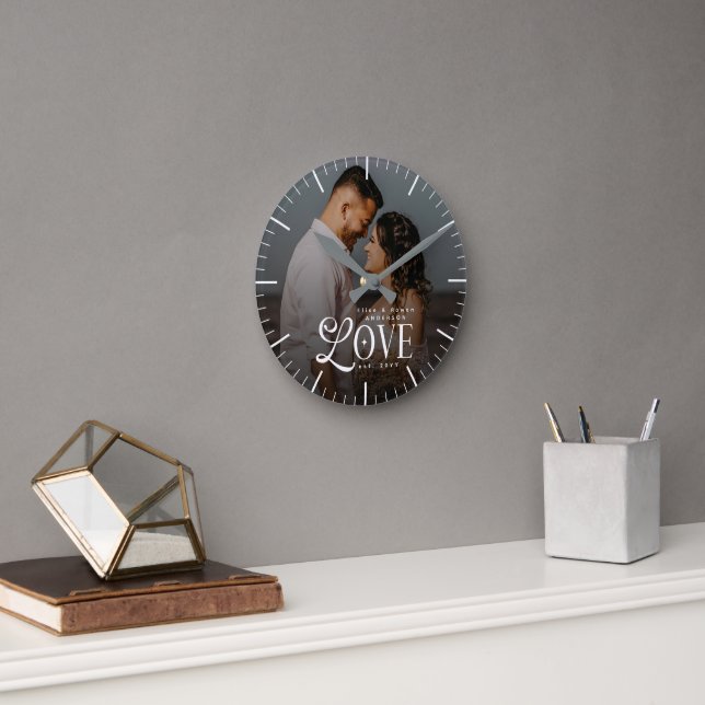 Modern Love Custom Wedding Photo Couples Monogram Round Clock (Office)