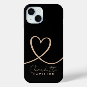 Modern Love Heart Personalized Name Black Tan iPhone 15 Case
