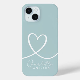 Modern Love Heart Personalized Name Green White iPhone 15 Case