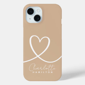 Modern Love Heart Personalized Name Tan White iPhone 15 Case