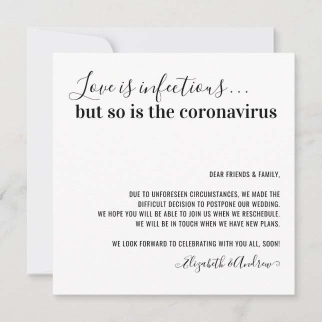 Modern Love is Infectious Wedding Postponement Announcement (Front)
