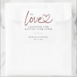 Modern Love Laughter Happily Ever After Wedding Square Sticker<br><div class="desc">Modern and elegant "to love laughter and happily ever after" connecting heart wedding burgundy sticker.</div>
