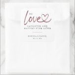 Modern Love Laughter Happily Ever After Wedding Square Sticker<br><div class="desc">Modern and elegant "to love laughter and happily ever after" connecting heart wedding burgundy sticker.</div>