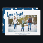 Modern Love & Light Blue Hanukkah Photo Holiday Card<br><div class="desc">A simple, stylish Hanukkah photo card design, featuring modern typography reading "Love & Light" in blue over a white background. Modern styled text templates are included for personalization, as well as a splotch pattern in white and blue on the back of the card. For design or product enquiries please feel...</div>