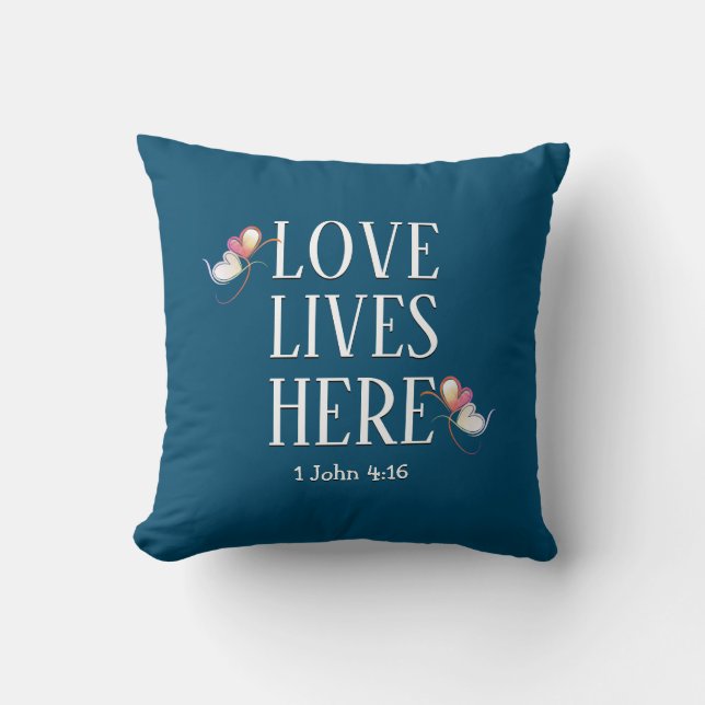Modern LOVE LIVES HERE Customizable Scripture BLUE Throw Pillow (Front)