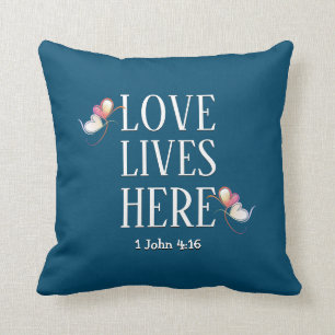 Modern LOVE LIVES HERE Customizable Scripture BLUE Throw Pillow