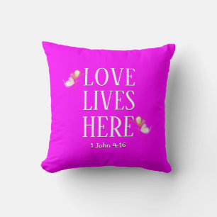 Modern LOVE LIVES HERE Customizable Text HOT PINK Throw Pillow