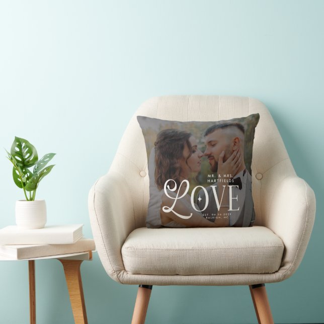Modern Love Mr & Mrs Custom Wedding Photo Couples Throw Pillow (Chair)