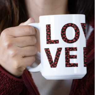 Modern LOVE Mug With Red Hearts Typography