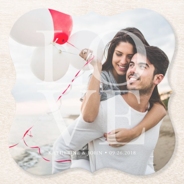 Modern "LOVE" Overlay Photo Paper Coaster (Front)