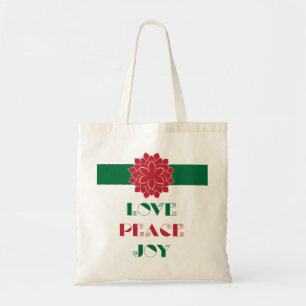 Modern Love, Peace, Joy text with poinsettia Tote Bag