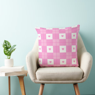 Modern Love Plaid Pink Heart Collection Throw Pillow