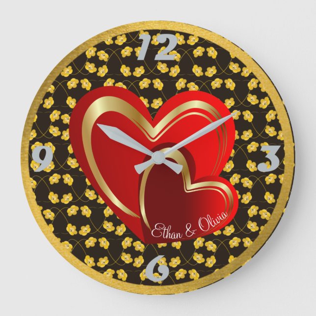 Modern Love Red Hearts Personalized Wedding Gift Large Clock (Front)