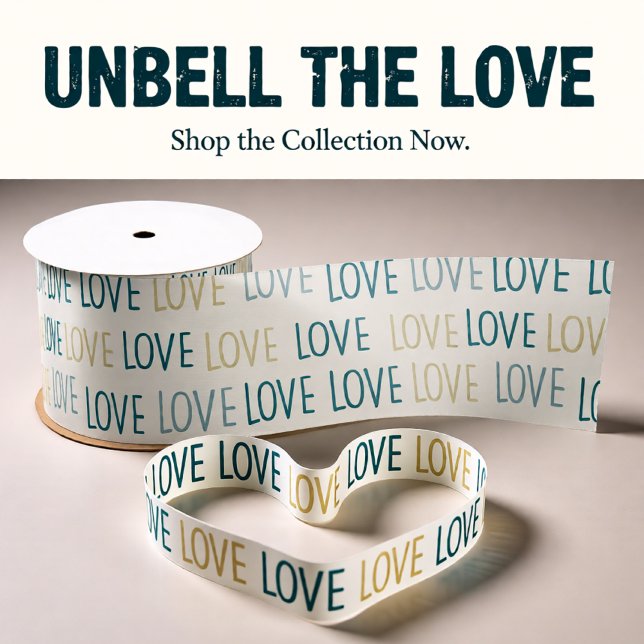Modern LOVE Repeating Pattern in Teal and Gold Satin Ribbon (Modern LOVE Repeating Pattern in Teal and Gold Satin Ribbon)