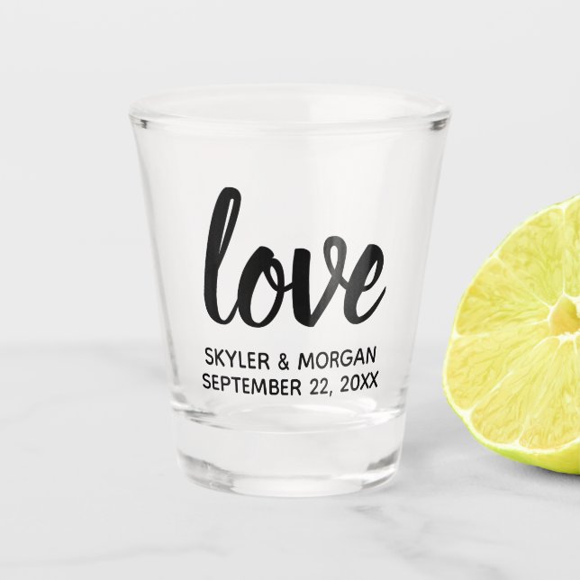 Modern Love Script Chic Personalized Wedding Shot Glass (Front)