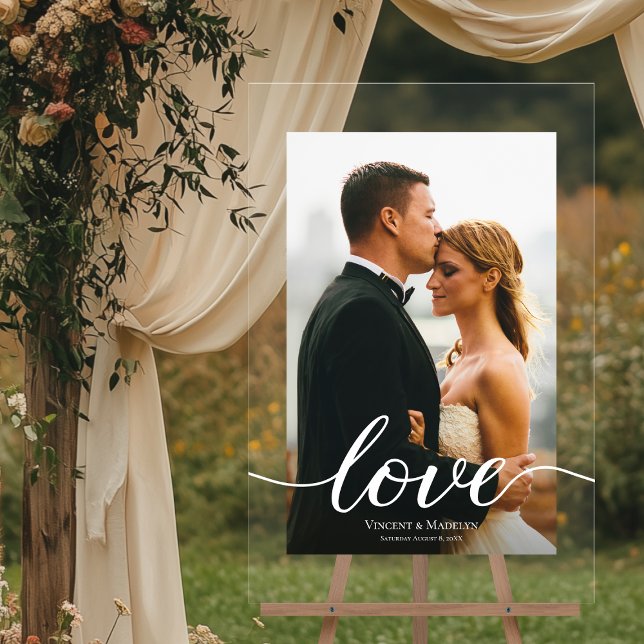 Modern Love Script Custom Photo Acrylic Wedding  Sign (24 x 36 vertical WEDDING welcome custom PHOTO, names and date acrylic sign with love script)