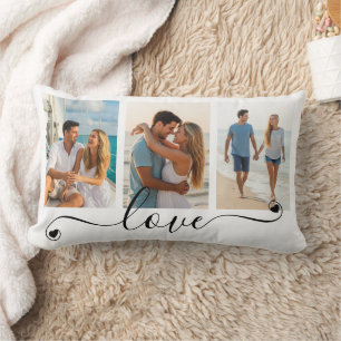 Modern LOVE Script Heart 3 Photos Custom Colours Lumbar Pillow