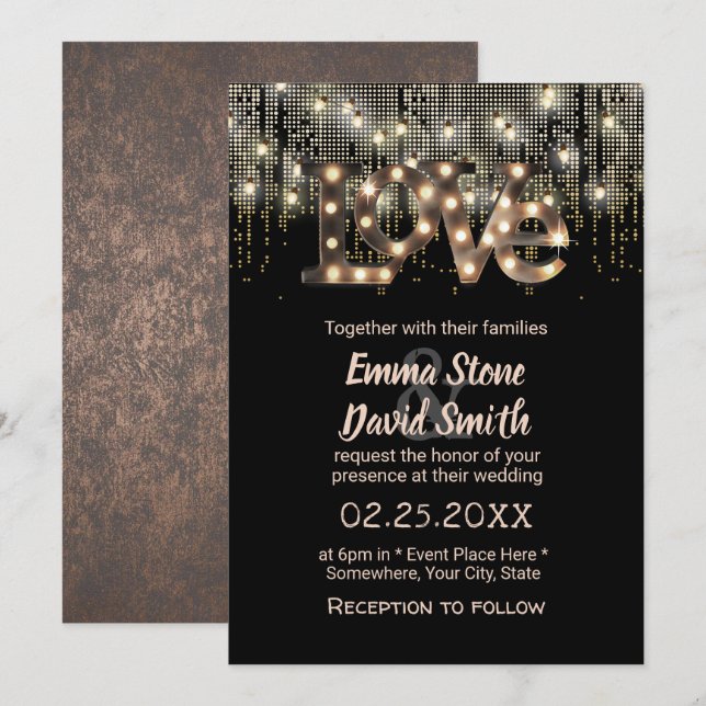 Modern Love Sign & String Lights Wedding Invitation (Front/Back)